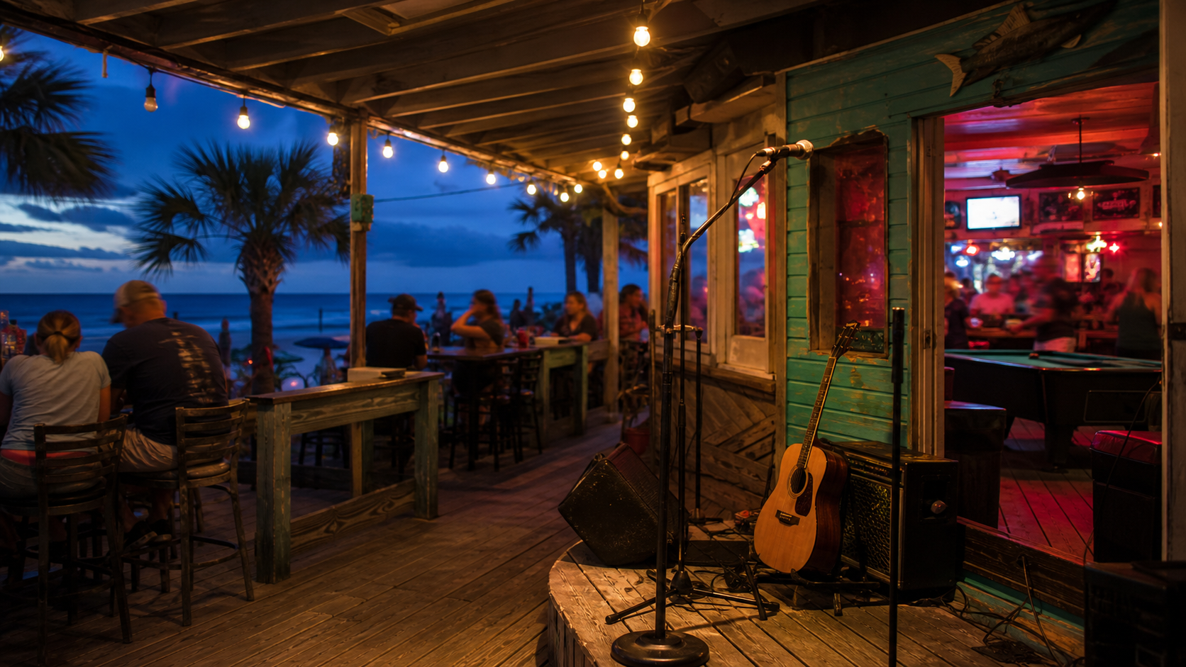 Mudbugs patio at night with warm lights, casual tables, and a small live music setup
